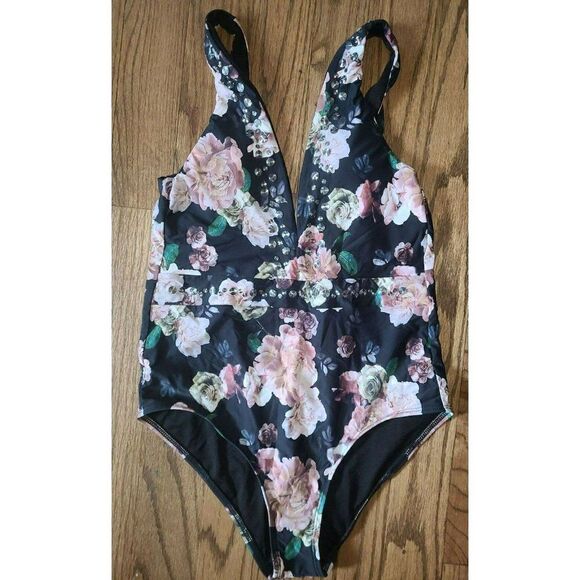 Gianni Bini Plunge Floral Print One-Piece Swimsuit Women's Size Large - Picture 2 of 6